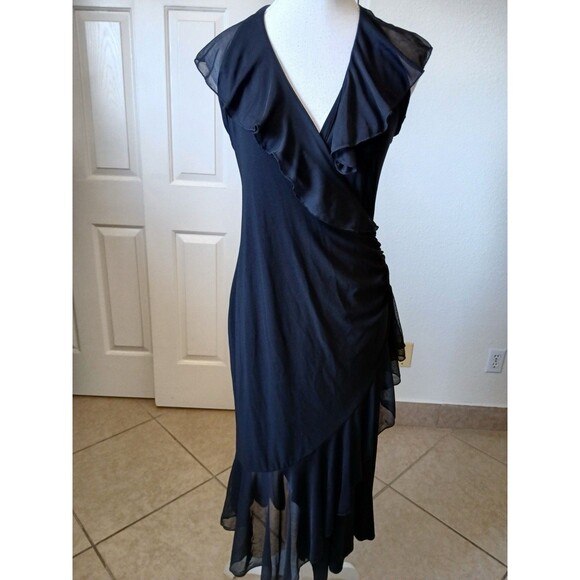 Co-Me Como Black Ruffle Midi Dress Halter Asymmetrical Y2K Style Women’s Large - Picture 2 of 16